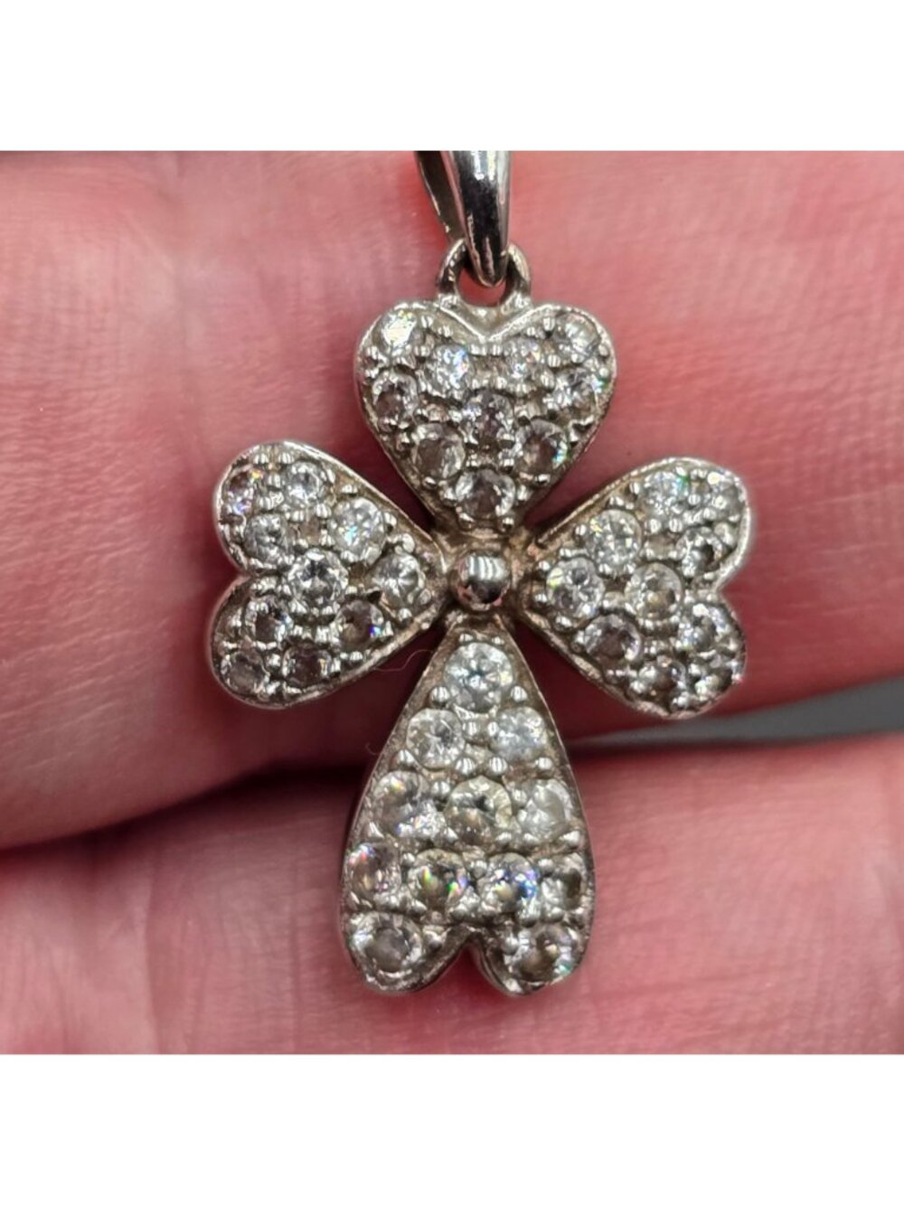 Vintage Ross Simons Sterling Silver CZ Four Heart Clover Cross Pendant Necklace - Picture 3 of 16